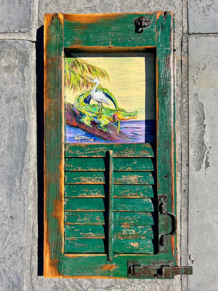 SWAMP FRIENDS ** Original Painting by Paige DeBell on a Reclaimed Shutter ** Architectural Salvage from New Orleans