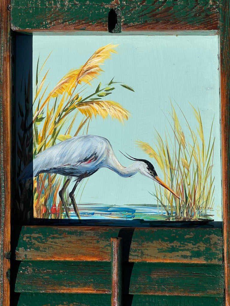 HUNGRY HERON ** Original Painting by Paige DeBell on a Reclaimed Shutter ** Architectural Salvage from New Orleans  View on Etsy Copy   Active