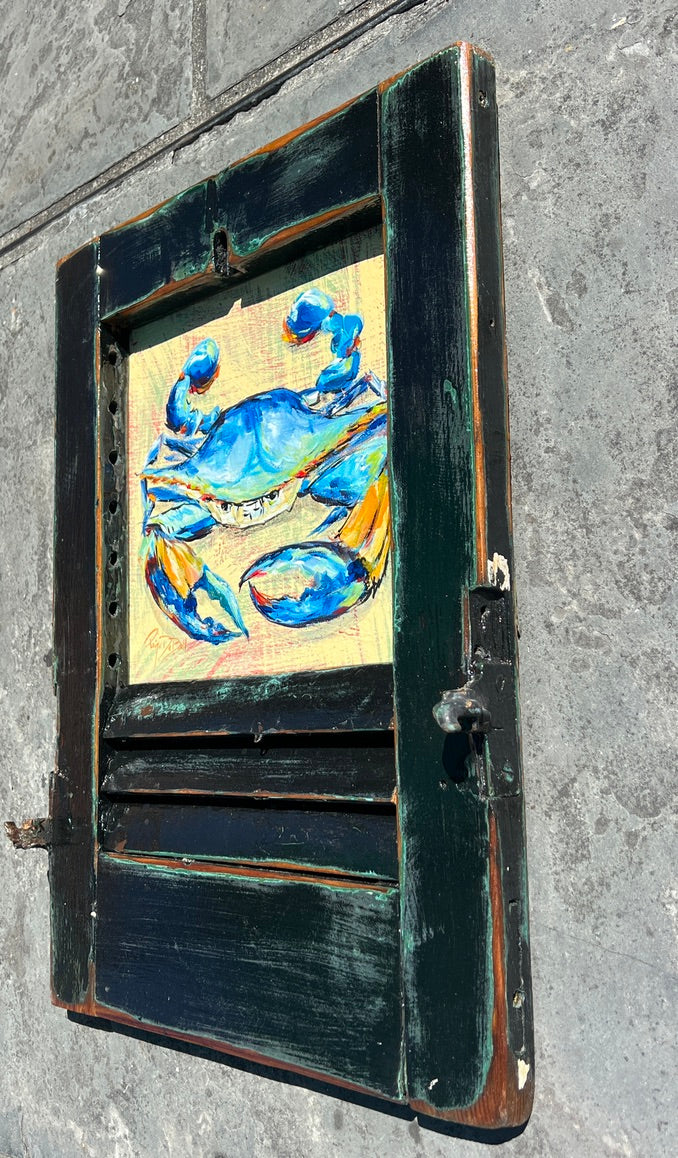 BAYOU BLUE CRAB ** Original Painting by Paige DeBell on a Reclaimed Shutter ** Art on Architectural Salvage from New Orleans