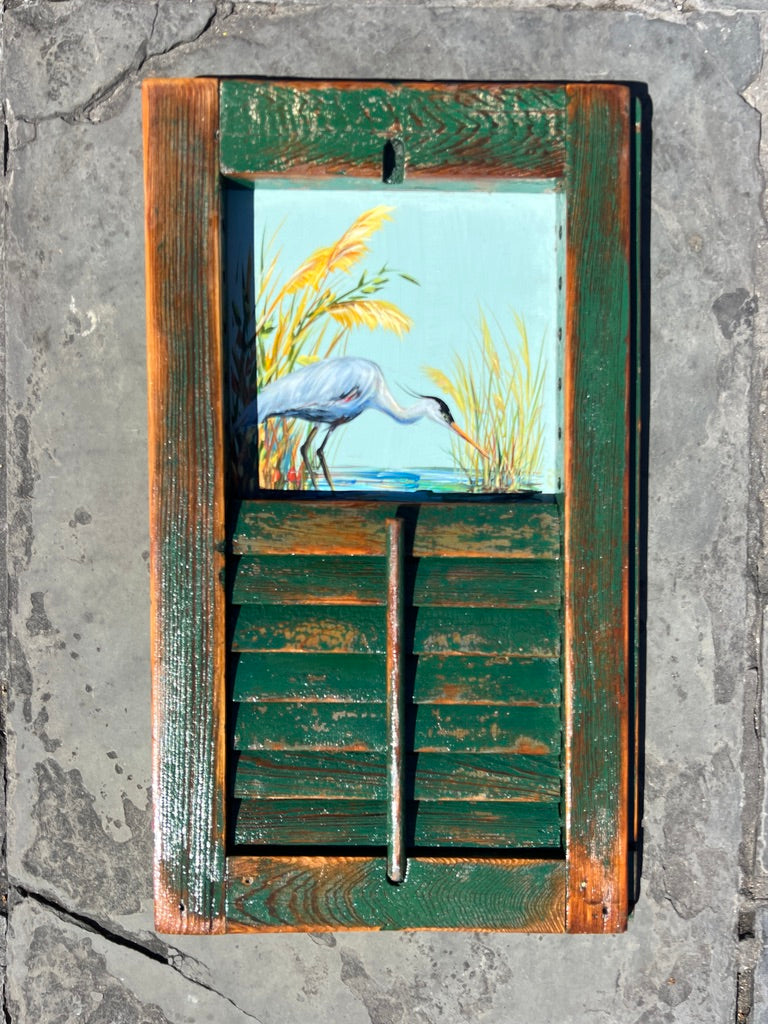 HUNGRY HERON ** Original Painting by Paige DeBell on a Reclaimed Shutter ** Architectural Salvage from New Orleans  View on Etsy Copy   Active