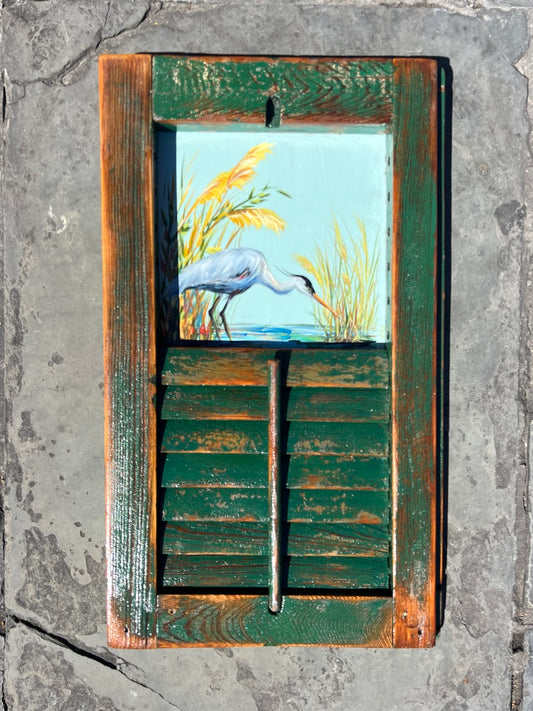 HUNGRY HERON ** Original Painting by Paige DeBell on a Reclaimed Shutter ** Architectural Salvage from New Orleans  View on Etsy Copy   Active