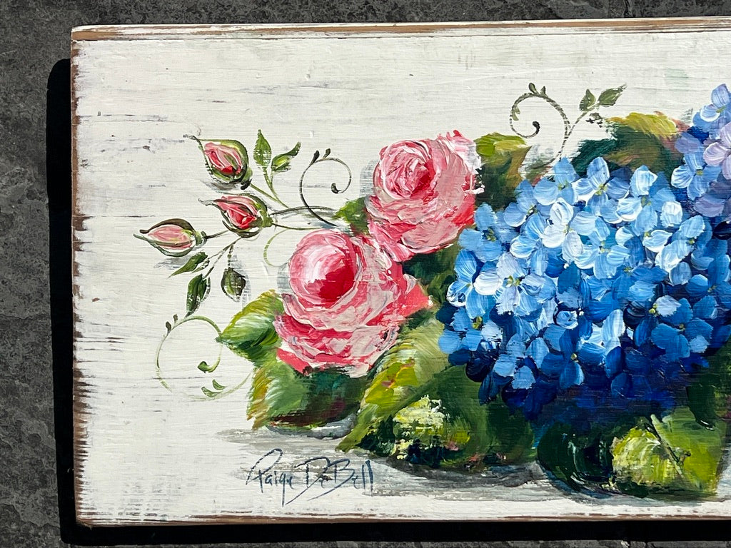 Roses and Hydrangeas. Original on Architectural salvage from New Orleans. 14 x41”