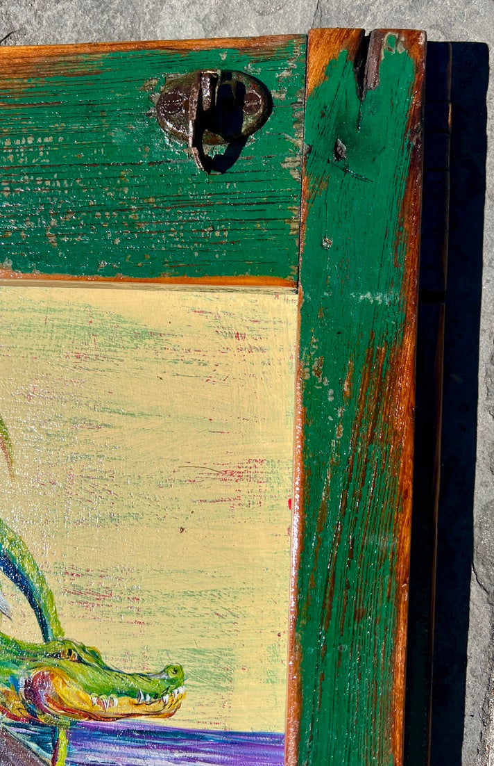 SWAMP FRIENDS ** Original Painting by Paige DeBell on a Reclaimed Shutter ** Architectural Salvage from New Orleans
