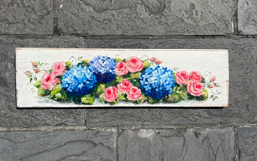 Roses and Hydrangeas. Original on Architectural salvage from New Orleans. 14 x41”