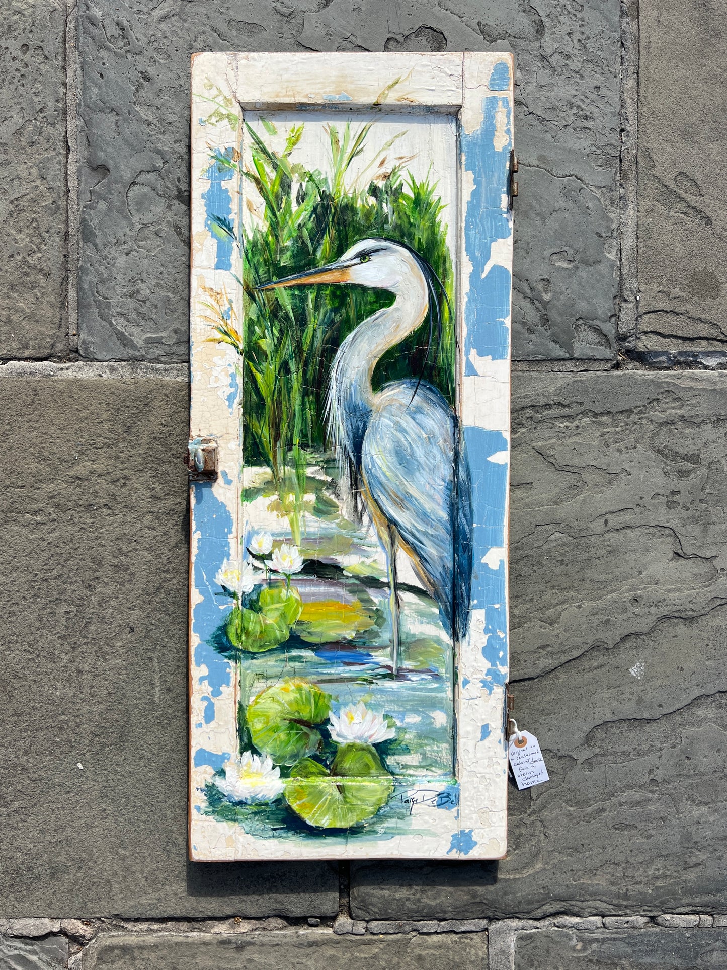 BLUE HERON Wall Art “PATIENCE” 12x36 – Nature-Inspired Canvas Giclée on Reclaimed Wood by Paige DeBell