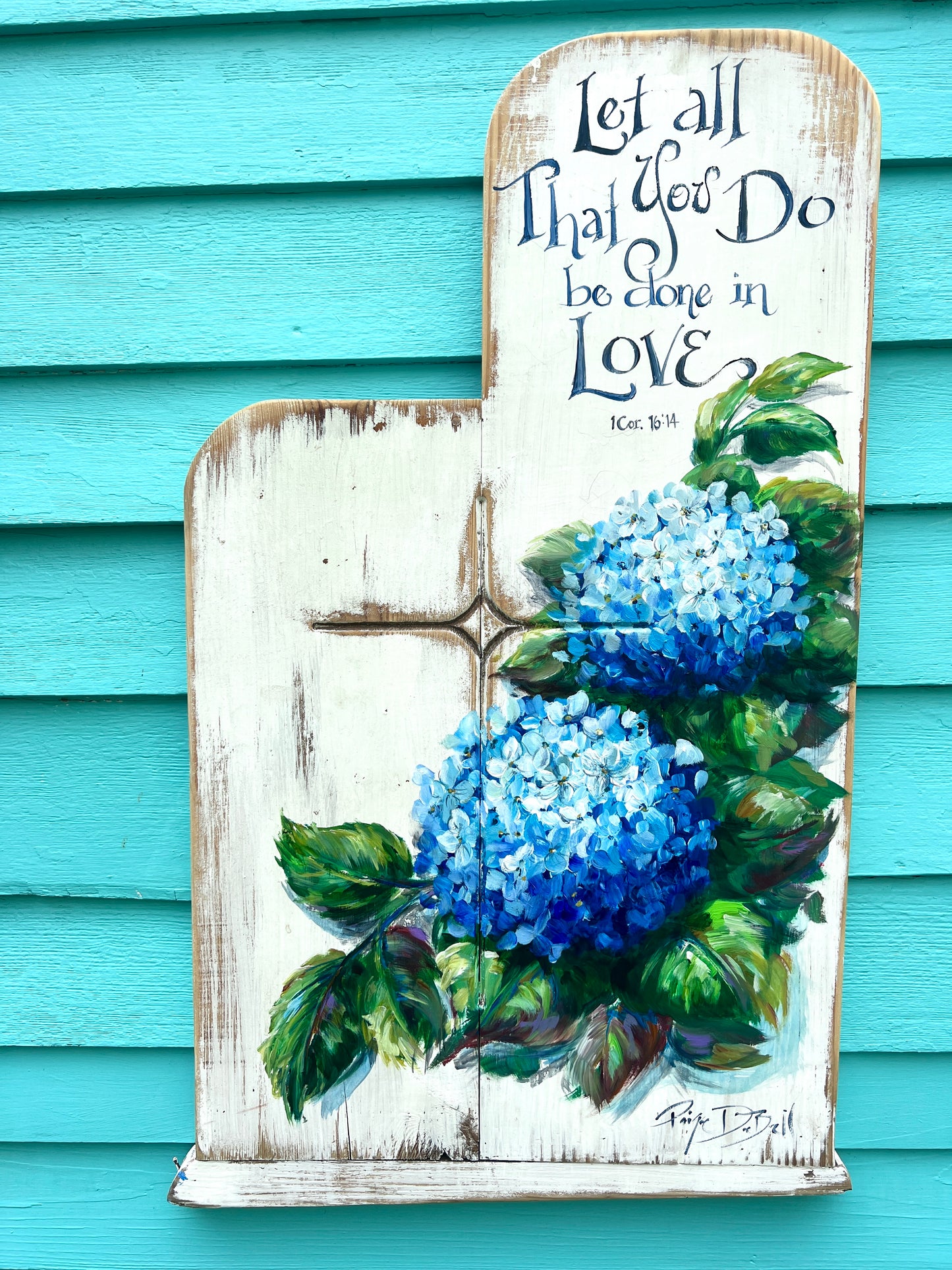 Blue HYDRANGEAS on Salvaged CHURCH PEW – Faith-Inspired Wall Art, Southern Home Decor, Inspirational Quote- Paige DeBell Art