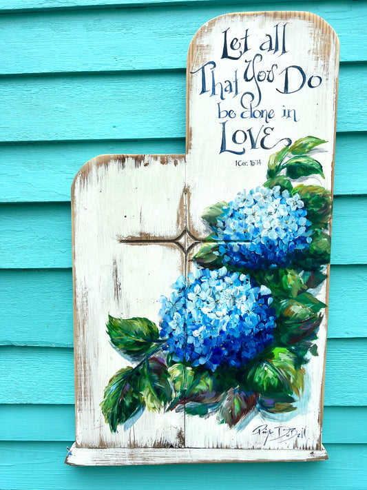 Blue HYDRANGEAS on Salvaged CHURCH PEW – Faith-Inspired Wall Art, Southern Home Decor, Inspirational Quote- Paige DeBell Art
