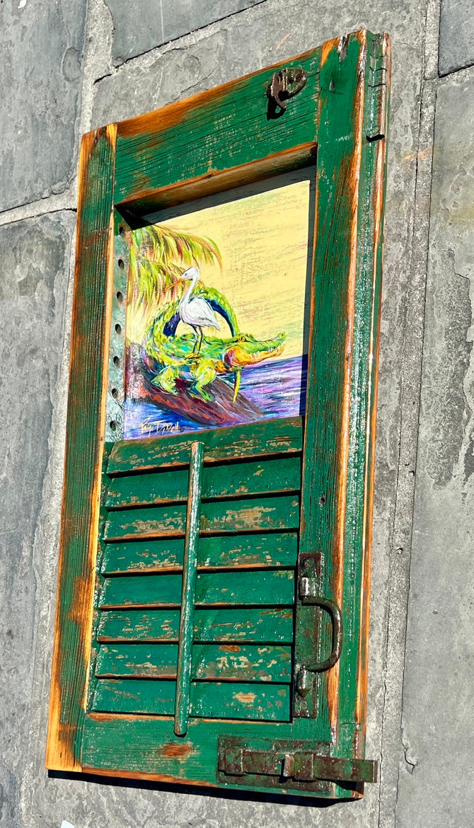 SWAMP FRIENDS ** Original Painting by Paige DeBell on a Reclaimed Shutter ** Architectural Salvage from New Orleans