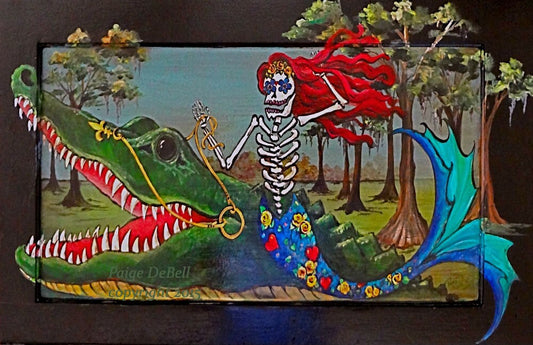 Sugar Skull MERMAID RIDING an ALLIGATOR  Painting  **  11" x17" Print of Original  New Orleans artist Paige DeBell on architectural salvage