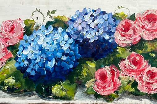 Roses and Hydrangeas. Original on Architectural salvage from New Orleans. 14 x41”