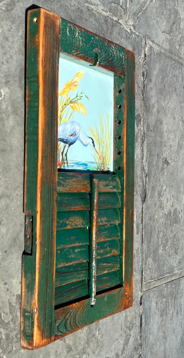 HUNGRY HERON ** Original Painting by Paige DeBell on a Reclaimed Shutter ** Architectural Salvage from New Orleans  View on Etsy Copy   Active