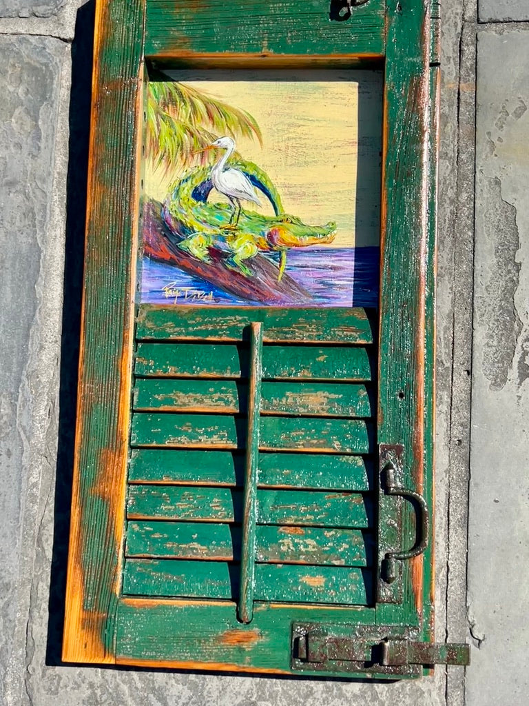 SWAMP FRIENDS ** Original Painting by Paige DeBell on a Reclaimed Shutter ** Architectural Salvage from New Orleans