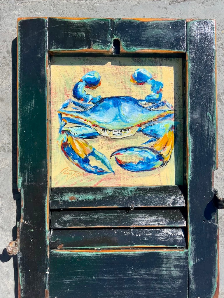 BAYOU BLUE CRAB ** Original Painting by Paige DeBell on a Reclaimed Shutter ** Art on Architectural Salvage from New Orleans