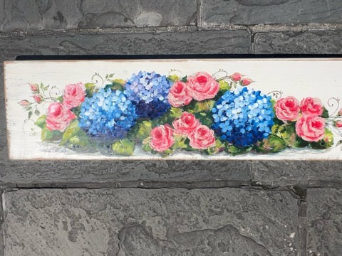 Roses and Hydrangeas. Original on Architectural salvage from New Orleans. 14 x41”