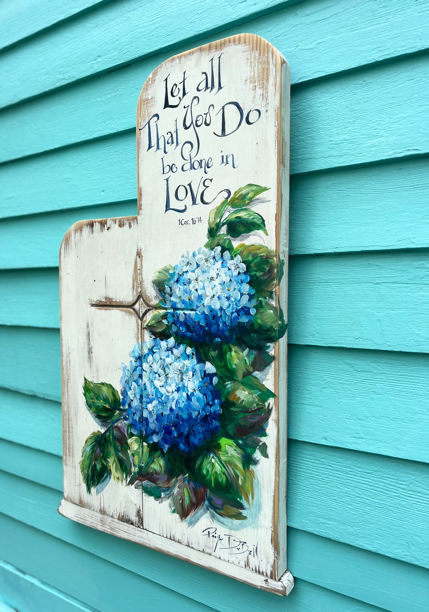 Blue HYDRANGEAS on Salvaged CHURCH PEW – Faith-Inspired Wall Art, Southern Home Decor, Inspirational Quote- Paige DeBell Art