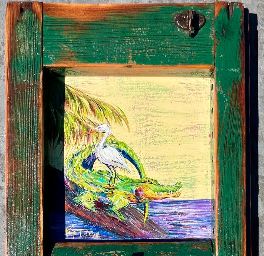 SWAMP FRIENDS ** Original Painting by Paige DeBell on a Reclaimed Shutter ** Architectural Salvage from New Orleans