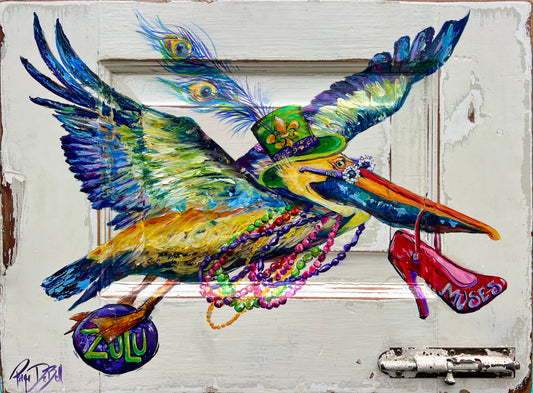 MARDI GRAS PELICAN  *Uptown Parade Pelican – Original Mardi Gras Painting on New Orleans Salvaged Door Panel