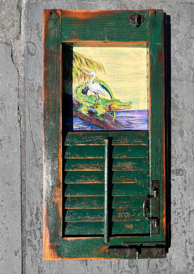 SWAMP FRIENDS ** Original Painting by Paige DeBell on a Reclaimed Shutter ** Architectural Salvage from New Orleans