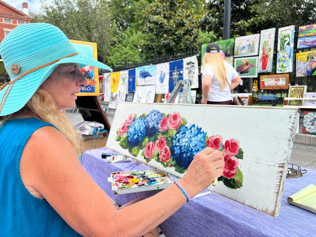 Roses and Hydrangeas. Original on Architectural salvage from New Orleans. 14 x41”