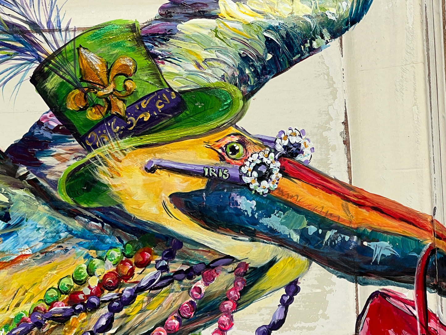 MARDI GRAS PELICAN  *Uptown Parade Pelican – Original Mardi Gras Painting on New Orleans Salvaged Door Panel