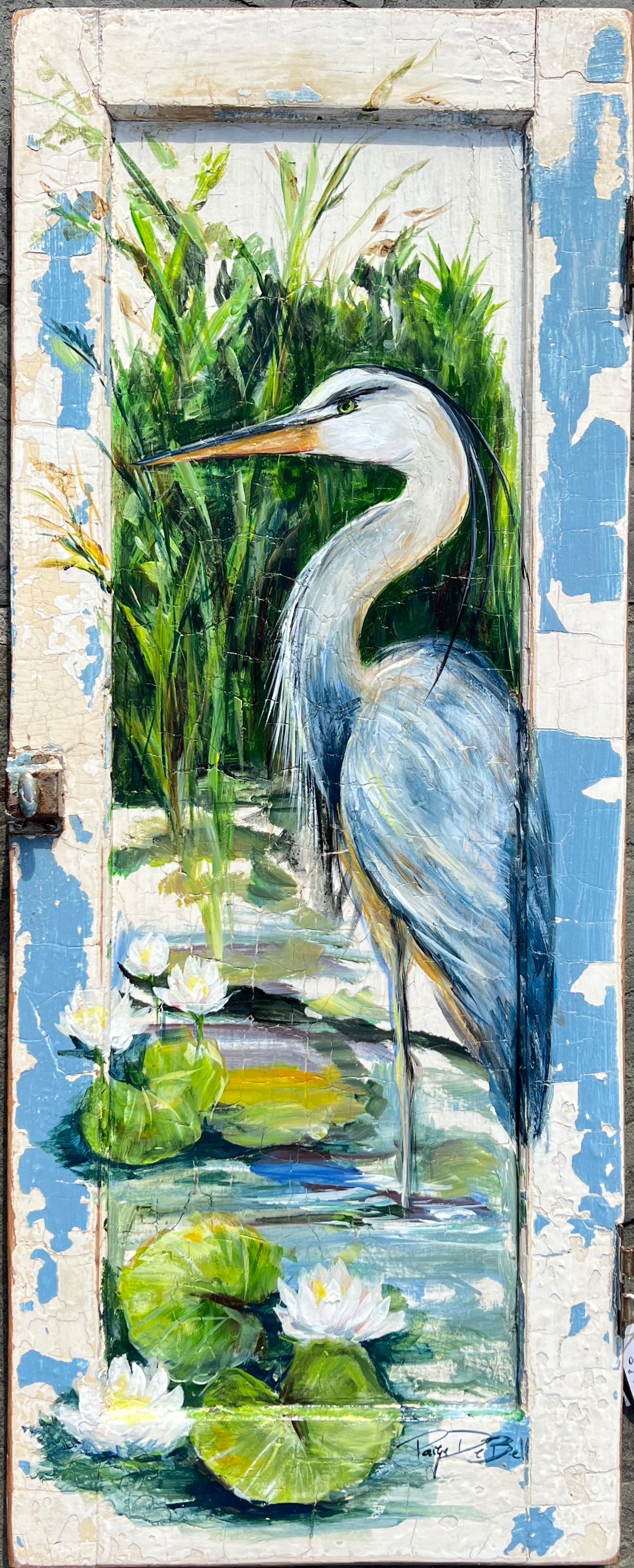 BLUE HERON Wall Art “PATIENCE” 12x36 – Nature-Inspired Canvas Giclée on Reclaimed Wood by Paige DeBell