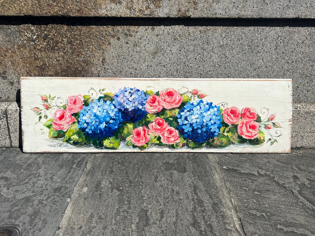 Roses and Hydrangeas. Original on Architectural salvage from New Orleans. 14 x41”