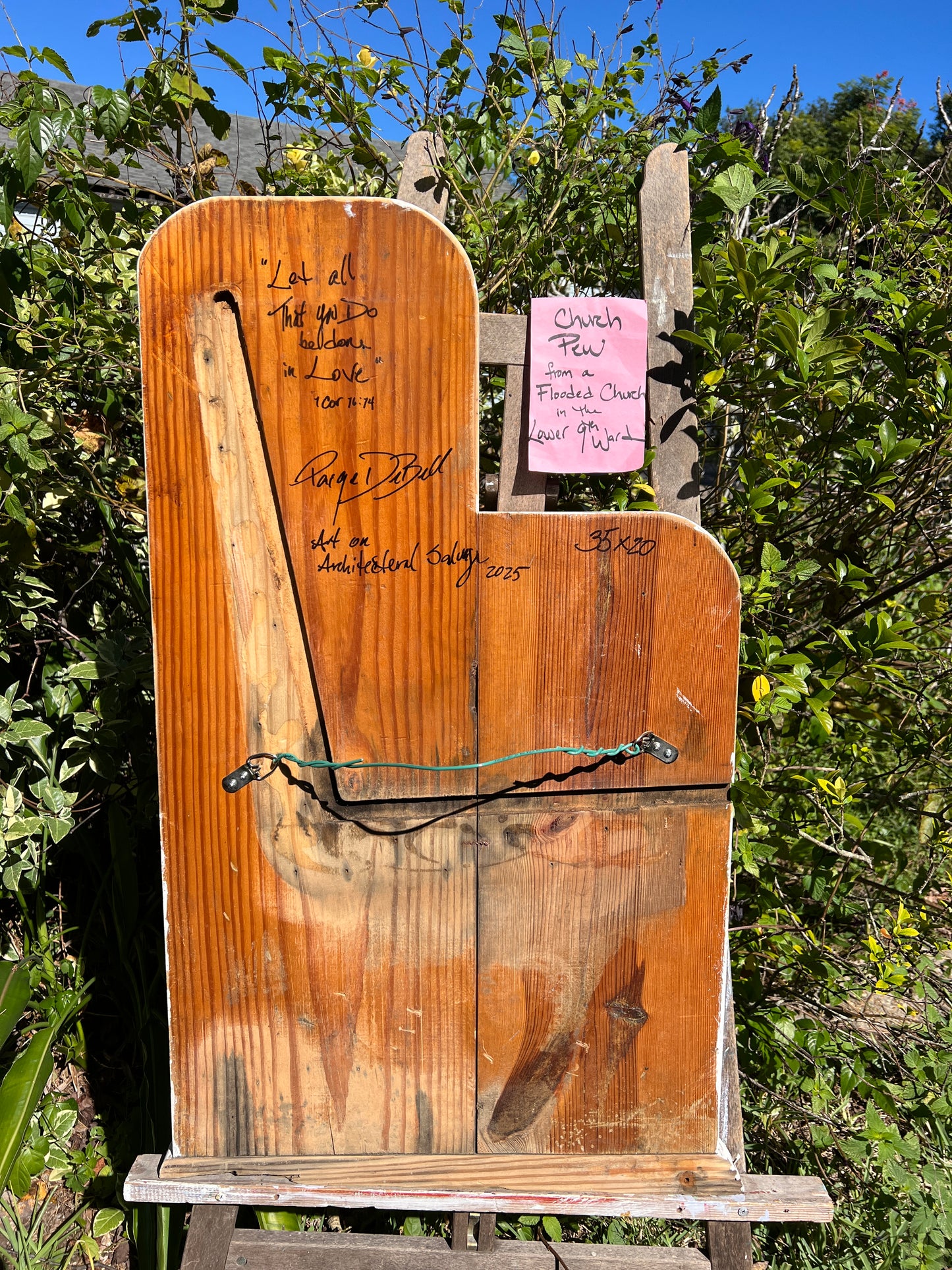 Blue HYDRANGEAS on Salvaged CHURCH PEW – Faith-Inspired Wall Art, Southern Home Decor, Inspirational Quote- Paige DeBell Art