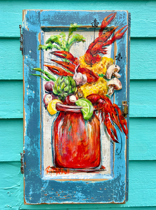 CRAWFISH BOIL BLOODY MARY * Original Painting on reclaimed wood * New Orleans artist Paige DeBell
