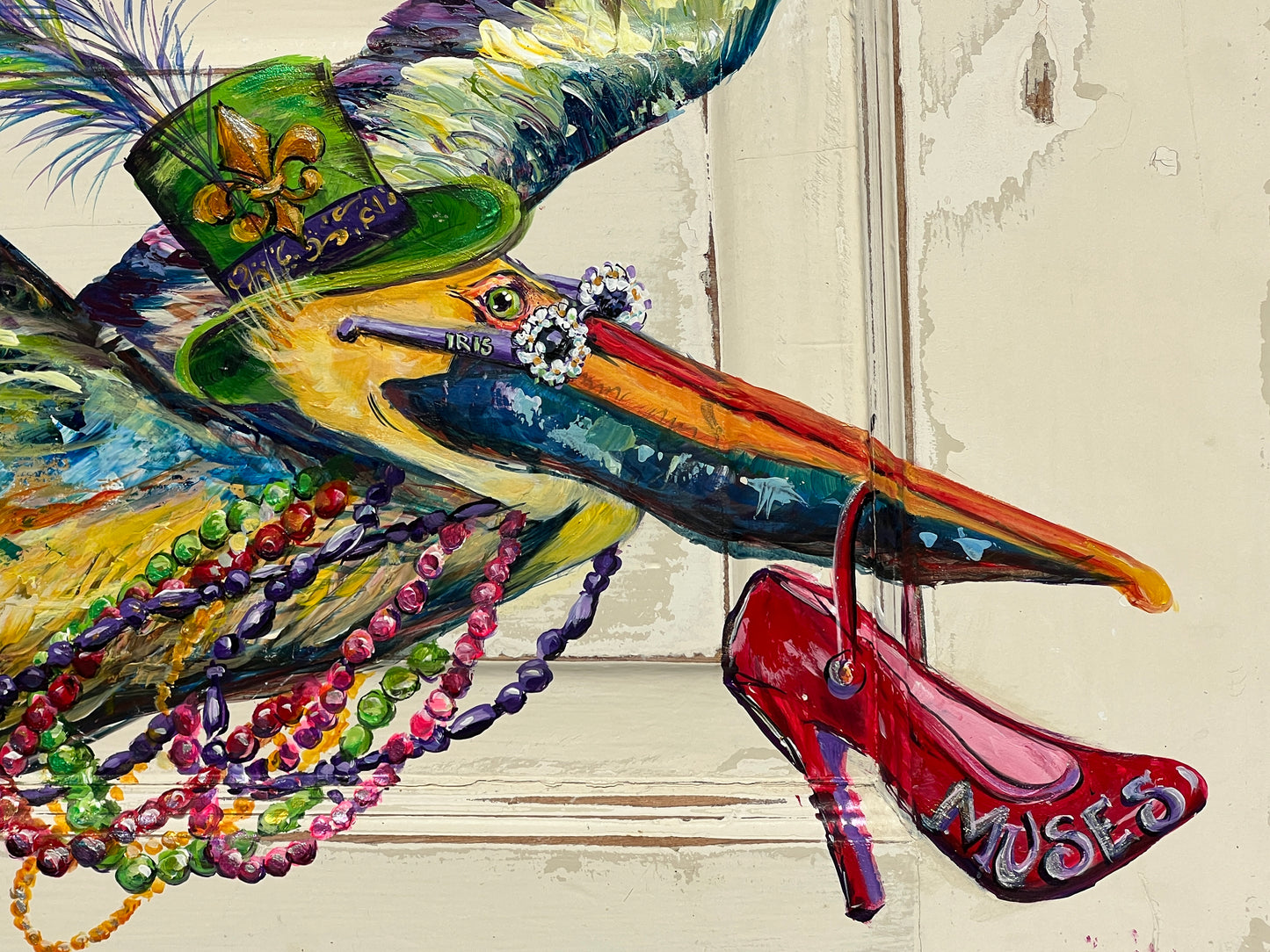 MARDI GRAS PELICAN  *Uptown Parade Pelican – Original Mardi Gras Painting on New Orleans Salvaged Door Panel