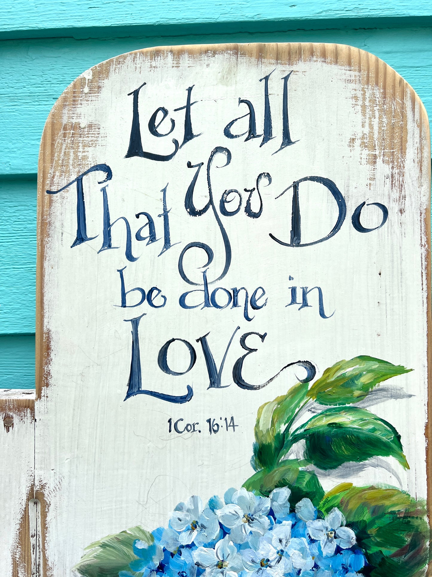 Blue HYDRANGEAS on Salvaged CHURCH PEW – Faith-Inspired Wall Art, Southern Home Decor, Inspirational Quote- Paige DeBell Art