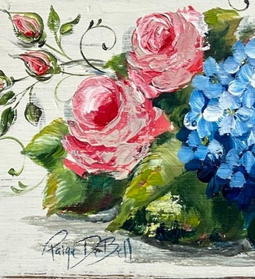 Roses and Hydrangeas. Original on Architectural salvage from New Orleans. 14 x41”
