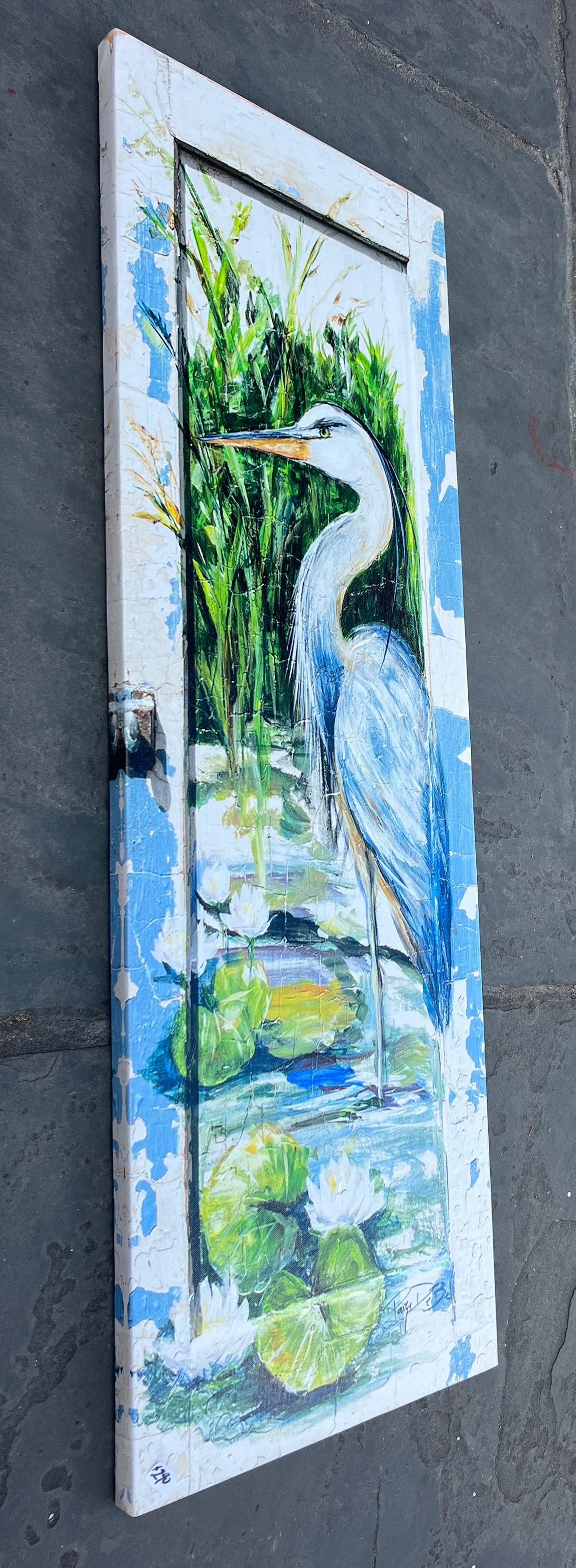 BLUE HERON Wall Art “PATIENCE” 12x36 – Nature-Inspired Canvas Giclée on Reclaimed Wood by Paige DeBell