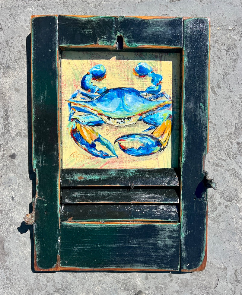 BAYOU BLUE CRAB ** Original Painting by Paige DeBell on a Reclaimed Shutter ** Art on Architectural Salvage from New Orleans