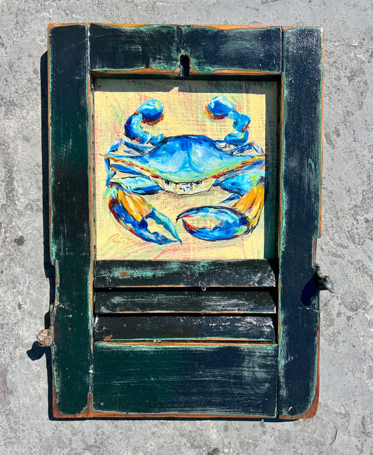 BAYOU BLUE CRAB ** Original Painting by Paige DeBell on a Reclaimed Shutter ** Art on Architectural Salvage from New Orleans