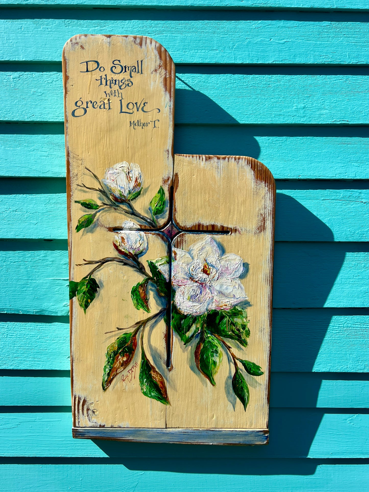 MAGNOLIA Painting on Salvaged CHURCH PEW with Mother Teresa quote* New Orleans artist Paige DeBell.