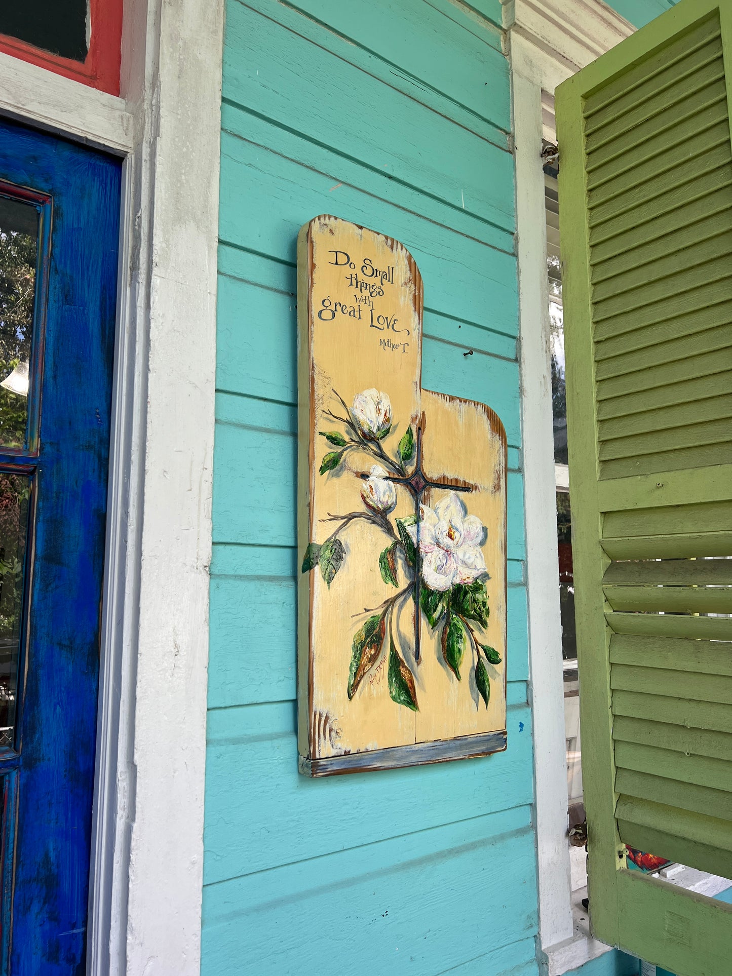 MAGNOLIA Painting on Salvaged CHURCH PEW with Mother Teresa quote* New Orleans artist Paige DeBell.