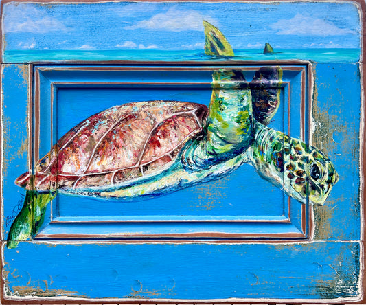 ORIGINAL SEA TURTLE Painting on a blue salvaged door reclaimed from a hurricane damaged home in New Orleans.  artist: Paige DeBell