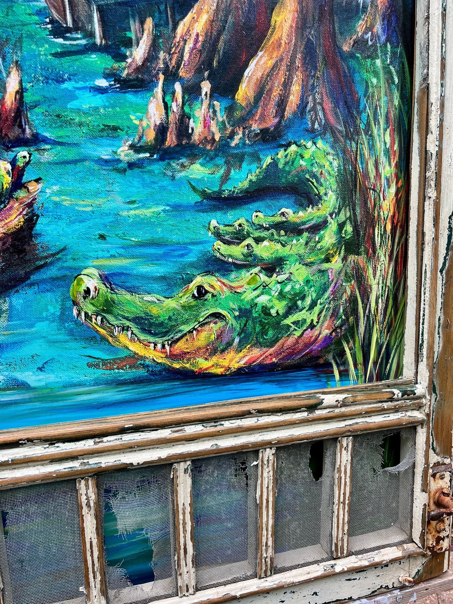 GATOR BAYOU Large Painting **Reclaimed Wood Frame* 46x32 ** Louisiana Swamp Painting