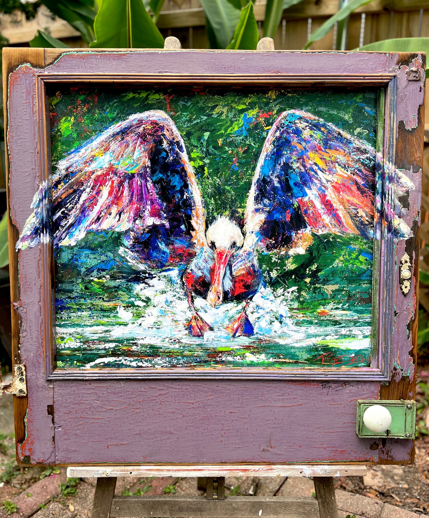 PELICAN LIFT-OFF Painting **Large Pelican Painting in Architectural Salvage** 36 x 36