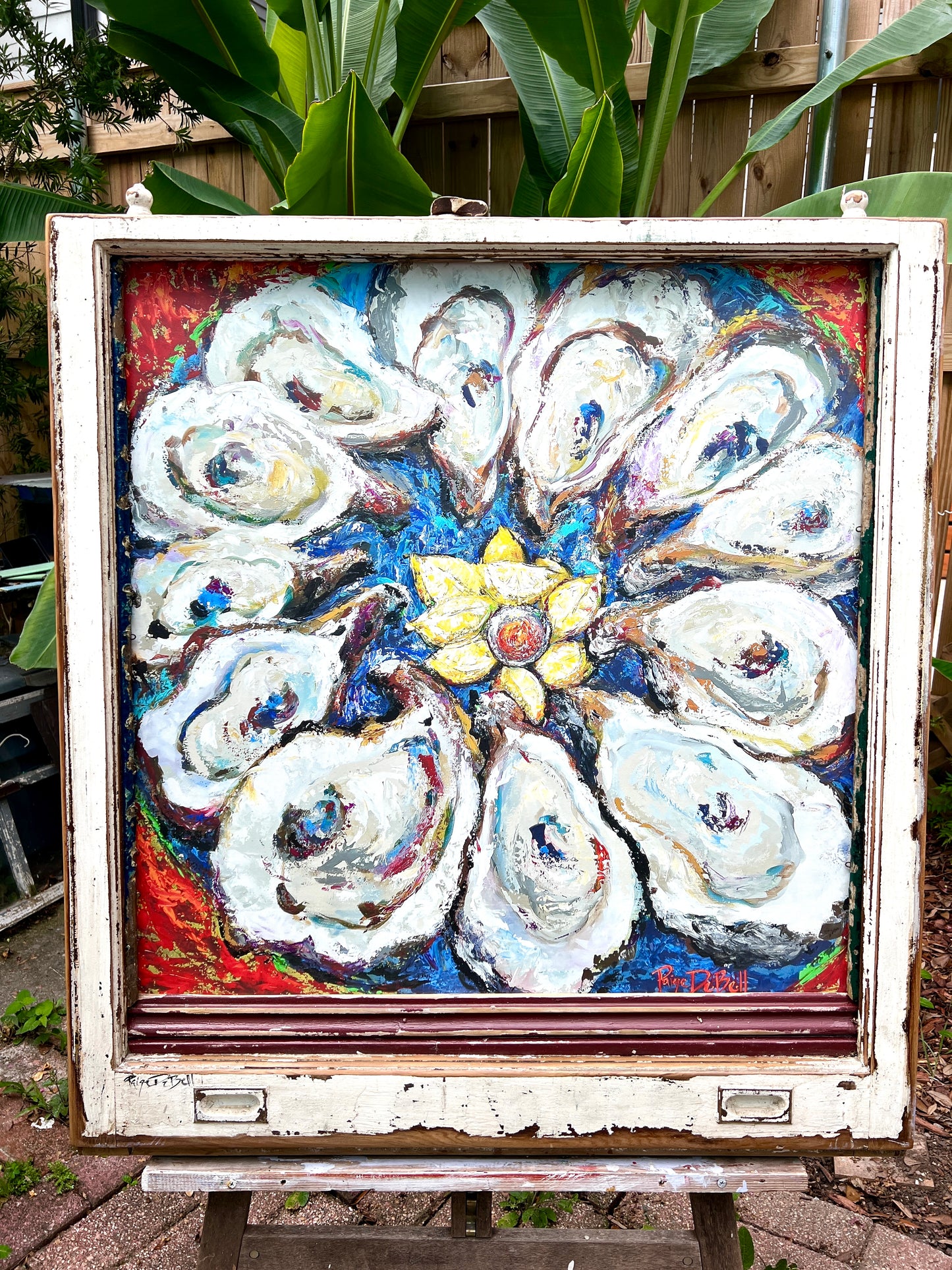 OYSTER PAINTING in a Vintage Reclaimed Wood Window*Large Seafood Art* 39" x 34"