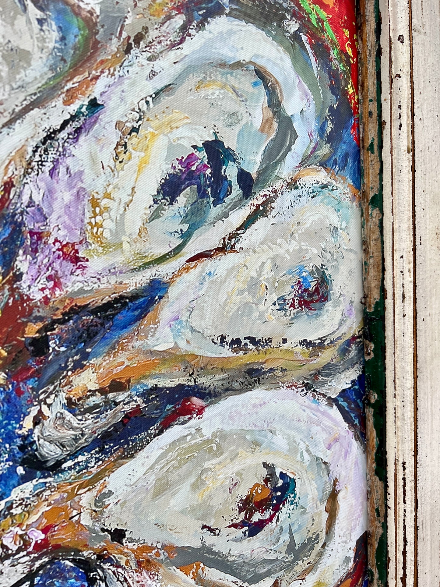 OYSTER PAINTING in a Vintage Reclaimed Wood Window*Large Seafood Art* 39" x 34"