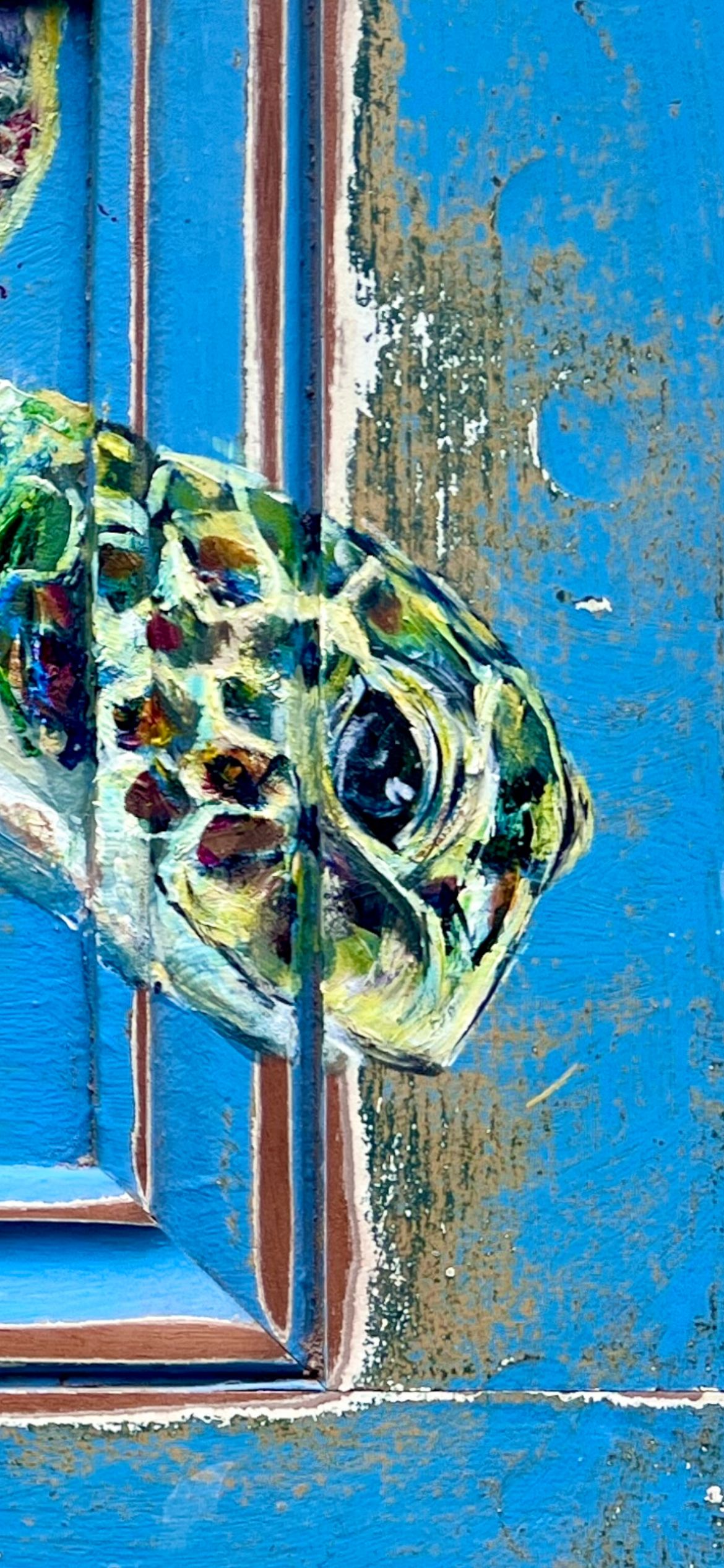 ORIGINAL SEA TURTLE Painting on a blue salvaged door reclaimed from a hurricane damaged home in New Orleans.  artist: Paige DeBell