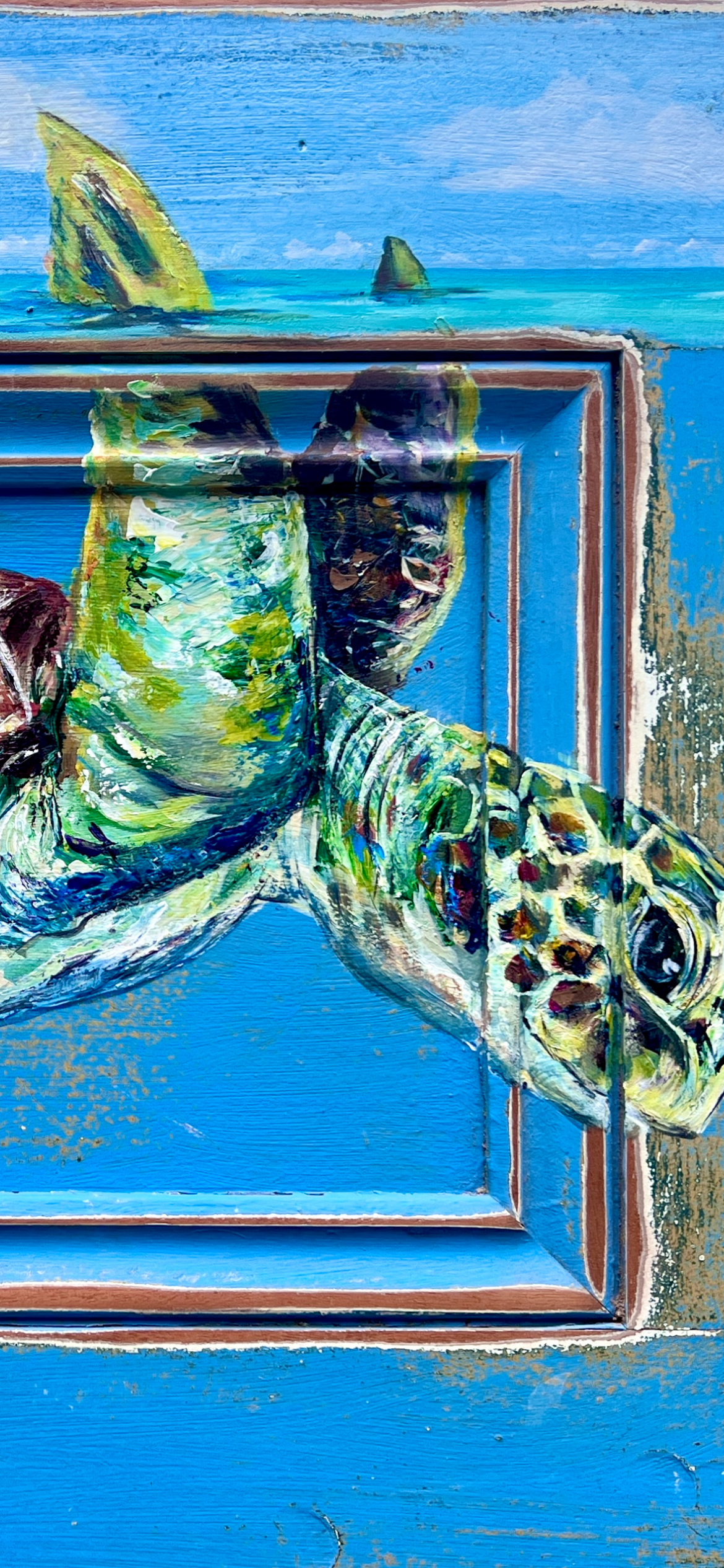 ORIGINAL SEA TURTLE Painting on a blue salvaged door reclaimed from a hurricane damaged home in New Orleans.  artist: Paige DeBell