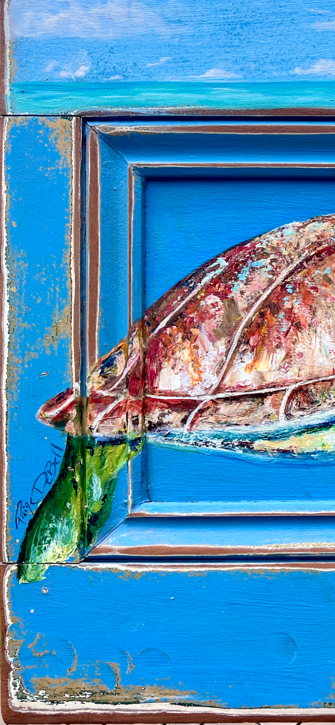 ORIGINAL SEA TURTLE Painting on a blue salvaged door reclaimed from a hurricane damaged home in New Orleans.  artist: Paige DeBell