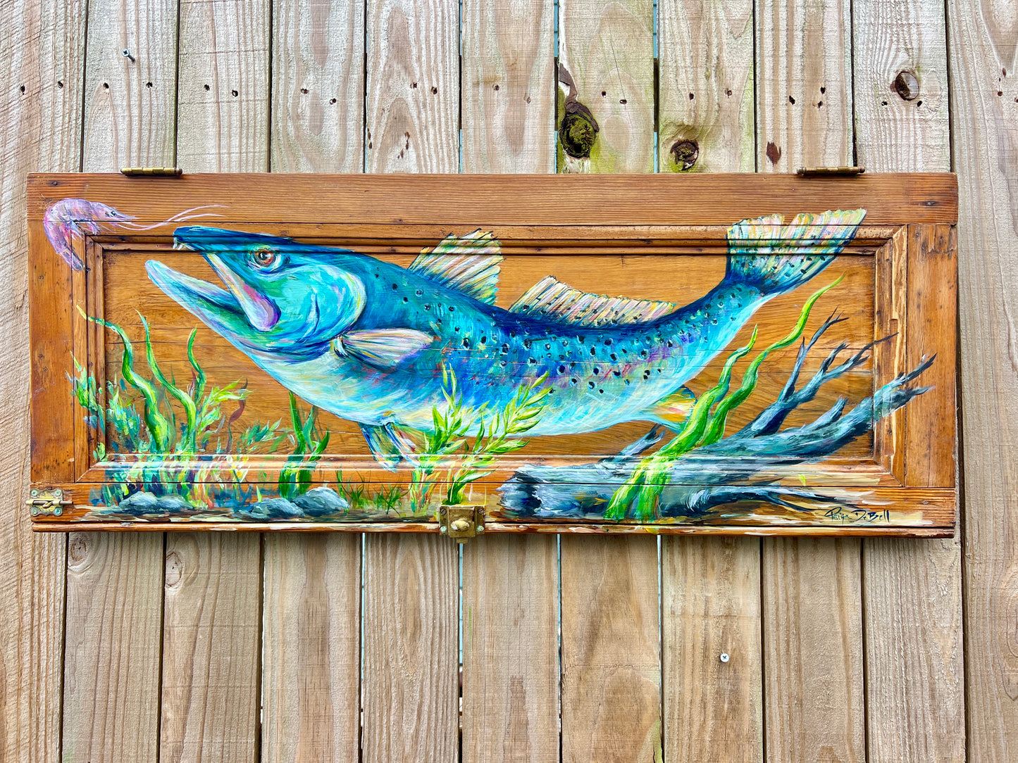 Speckled Trout Original Painting on Salvaged Door | Coastal Fine Art by Paige DeBell | 15x34 | New Orleans Artist | Nautical Decor
