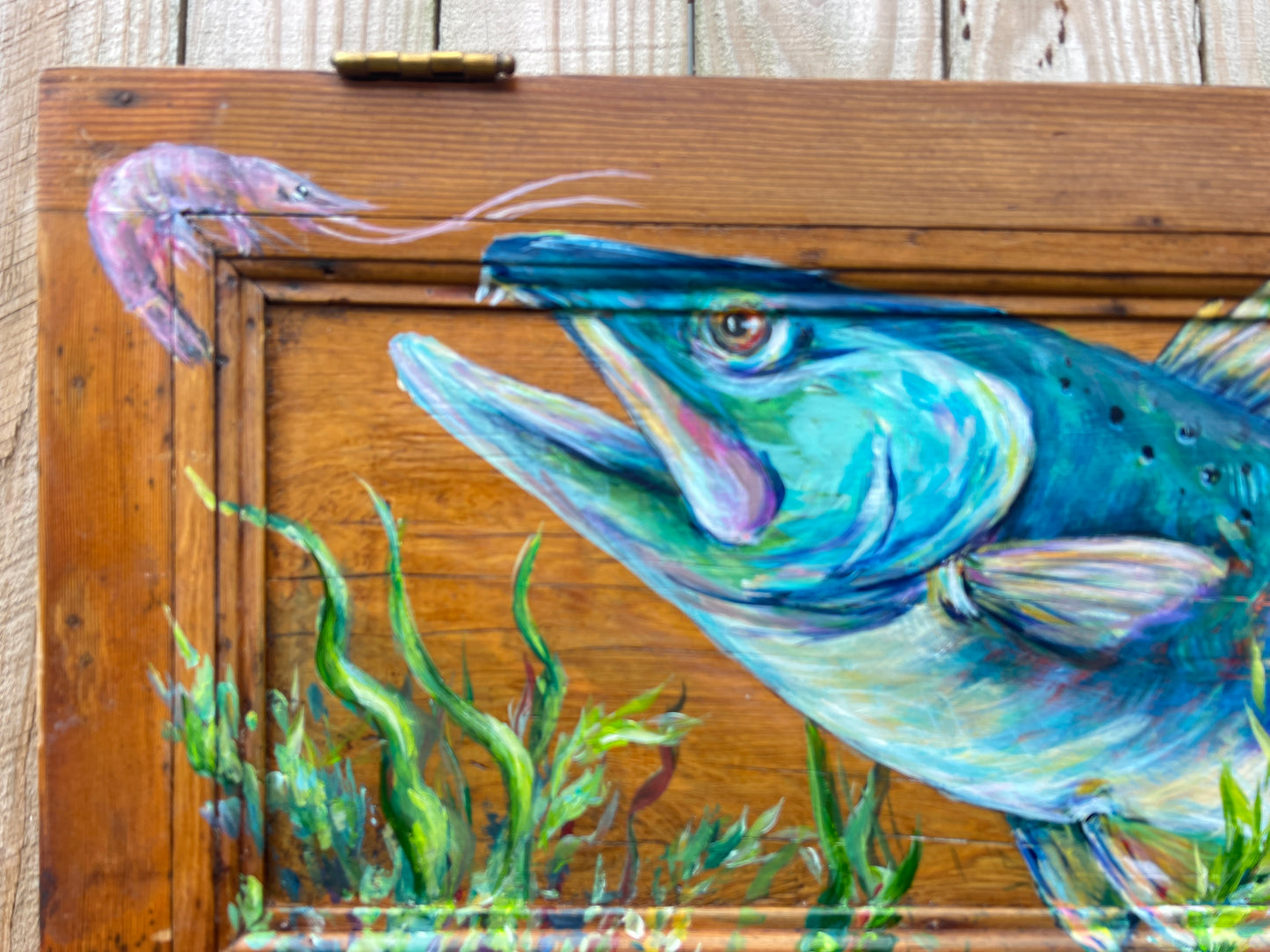 Speckled Trout Original Painting on Salvaged Door | Coastal Fine Art by Paige DeBell | 15x34 | New Orleans Artist | Nautical Decor