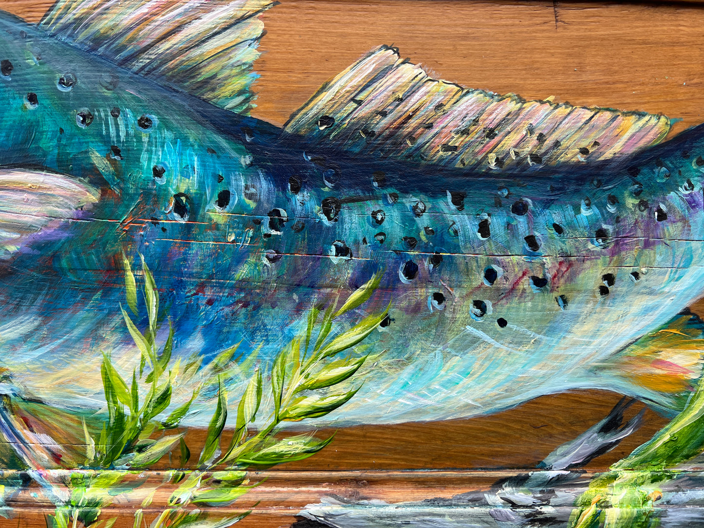 Speckled Trout Original Painting on Salvaged Door | Coastal Fine Art by Paige DeBell | 15x34 | New Orleans Artist | Nautical Decor