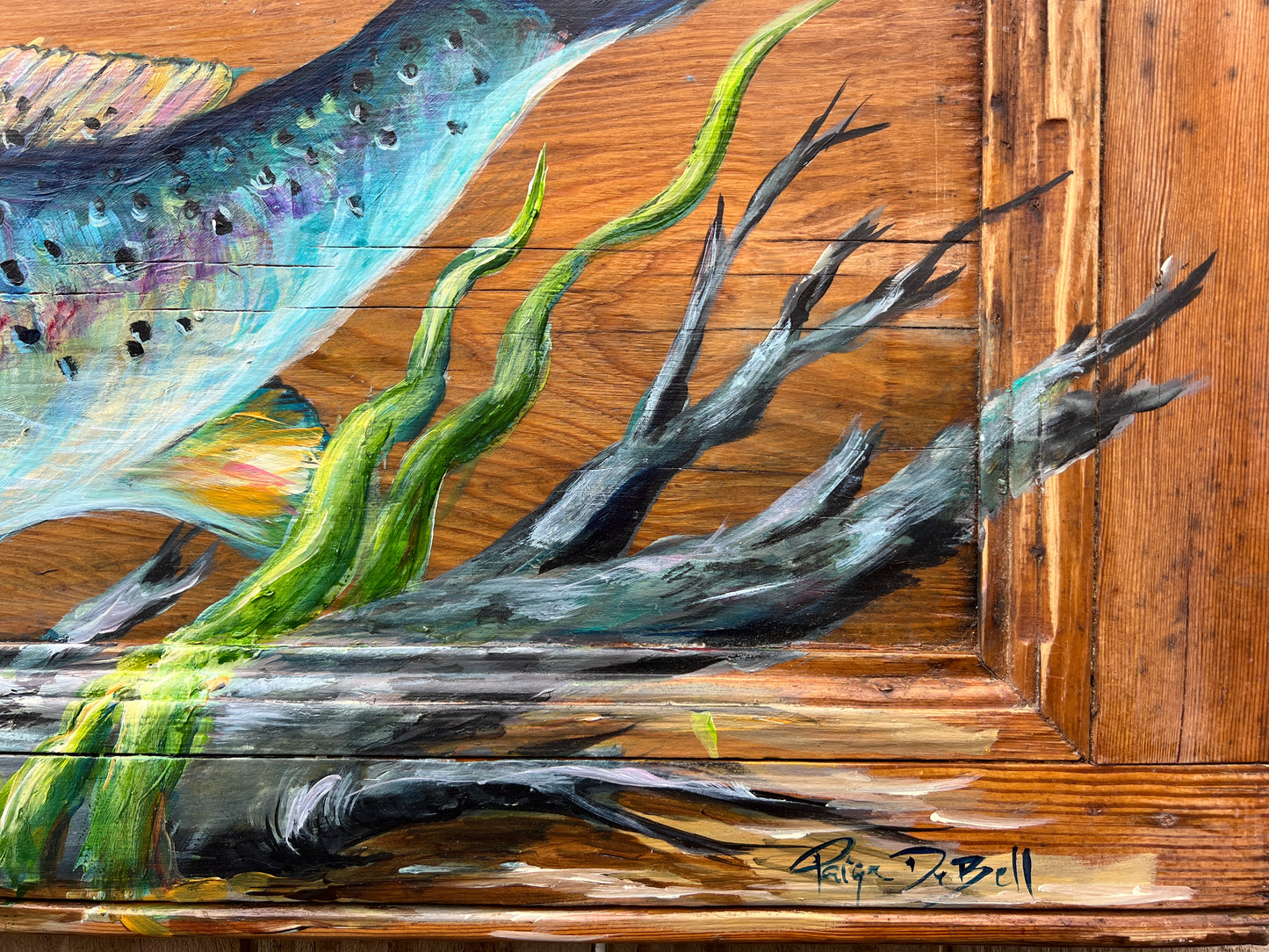 Speckled Trout Original Painting on Salvaged Door | Coastal Fine Art by Paige DeBell | 15x34 | New Orleans Artist | Nautical Decor