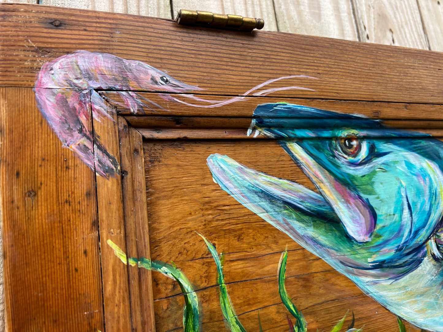 Speckled Trout Original Painting on Salvaged Door | Coastal Fine Art by Paige DeBell | 15x34 | New Orleans Artist | Nautical Decor