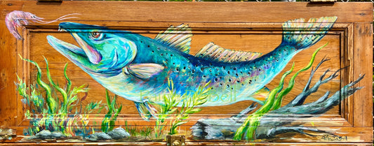 Speckled Trout Original Painting on Salvaged Door | Coastal Fine Art by Paige DeBell | 15x34 | New Orleans Artist | Nautical Decor